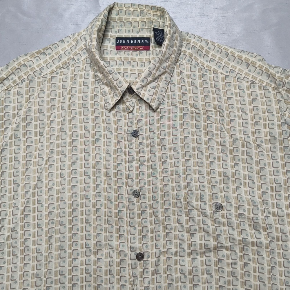VTG‎ JOHN HENRY VIVA TROPICAL Men Large Ivory AOP Viscose Camp Shirt